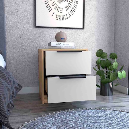 Tuhome Kaia Nightstand, Two Drawers, Metal Handle, White/Pine MBC4763